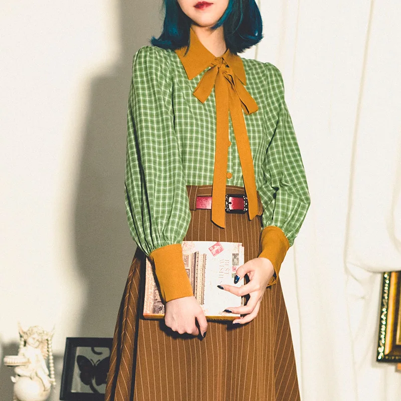 

2020 New Arrival Regular Prairie Chic Full Spliced Plaid Lantern Sleeve Blouses & Shirts