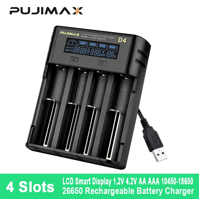 

PUJIMAX 18650 Li-ion/Lithium Battery Charger Smart LCD Display USB 4 Slots 26650 21700 22650 1.2V AA/AAA Rechargeable Batteries