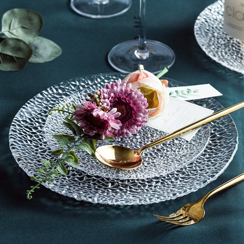 Круглая обеденная тарелка с ледяными трещинами в скандинавском стиле прозрачная