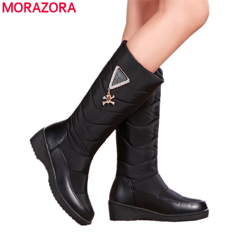 MORAZORA/Большие размеры 35-44, черные, красные зимние ботинки женские ботинки на платформе и среднем каблуке с черепом теплые зимние ботинки из плюша женская обувь