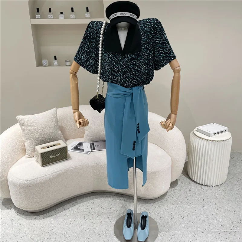 

Women's Spring Summer 2021 Niche Design Fashion Blue Bandage For Slim Design Irregular Split Mid Length Skirt