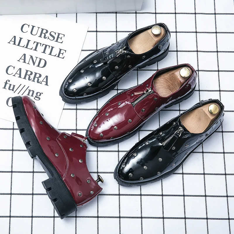

Men's Shoes Fashion High-end Solid Color PU Rivet Decoration Front Zipper Thick Bottom Non-slip Comfortable Casual Shoes899