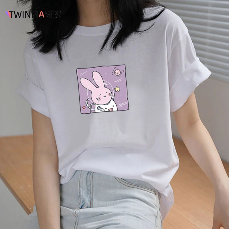 

TWINFLAMES 2022 Space Bunny Kawaii Clothes Women Oversized Cotton Tees Summer New Printed T-shirt Soft Female Jumper Tops Blouse