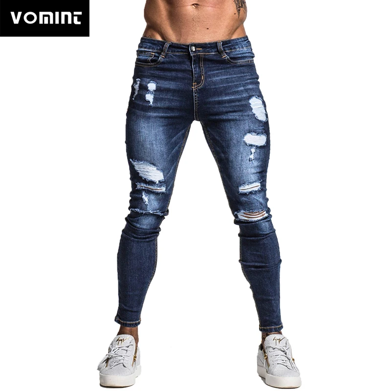 VOMINT мужские обтягивающие Стрейчевые отремонтированные джинсы темно синие в