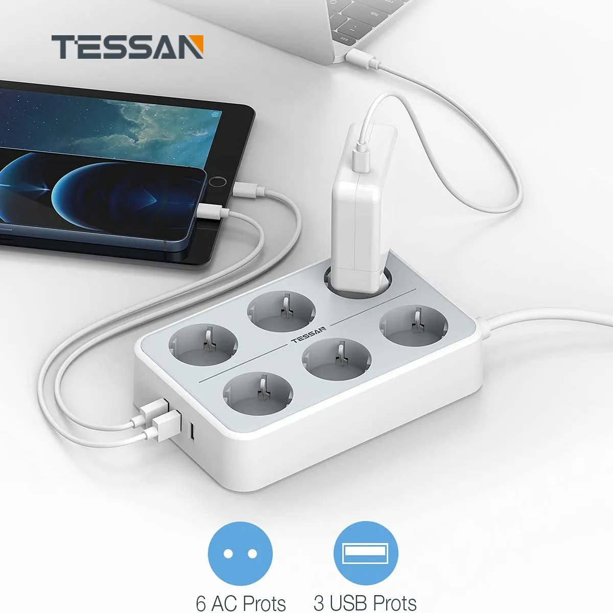 

TESSAN Multiple Socket Power Strip EU Plug with 6 Outlets 3 USB Ports Overload Protector Switch Extension Socket with 2M Cable