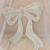 1 piece 3d rhinestone pearl beaded bow haute couture applique iron on lace motif patch bowtie for bridal sash belt