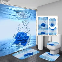 Water Rose Printed Shower Curtain Set Bath Mats Rugs Blue Flowers Pedestal Rug Toilet Cover Non-slip Carpet 3D Bathroom Curtains
