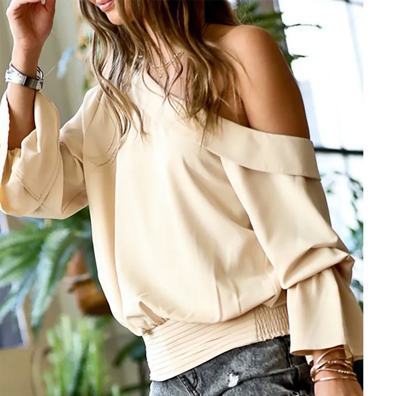 

Blouses Women Tops Office Lady Sexy One Off Shoulder Flared Sleeves tops Casual Summer 2021 New Solid Color All-match Loose