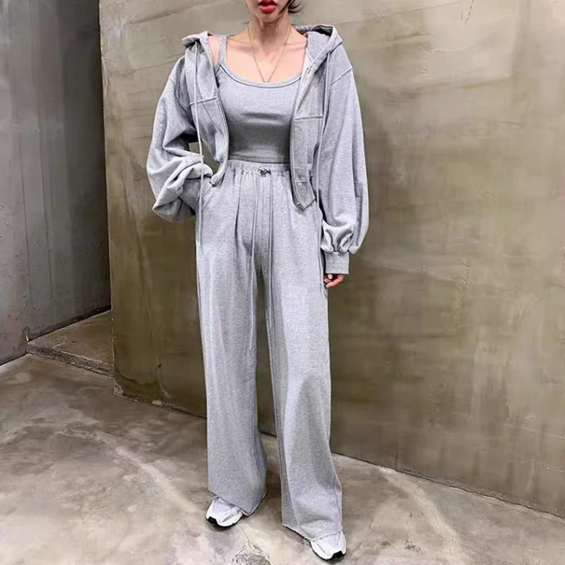 

Autumn And Winter Women's 3-piece Korean Retro Zipper Hooded Jacket + Camisole + Stretch High Waist Straight Slacks Suit