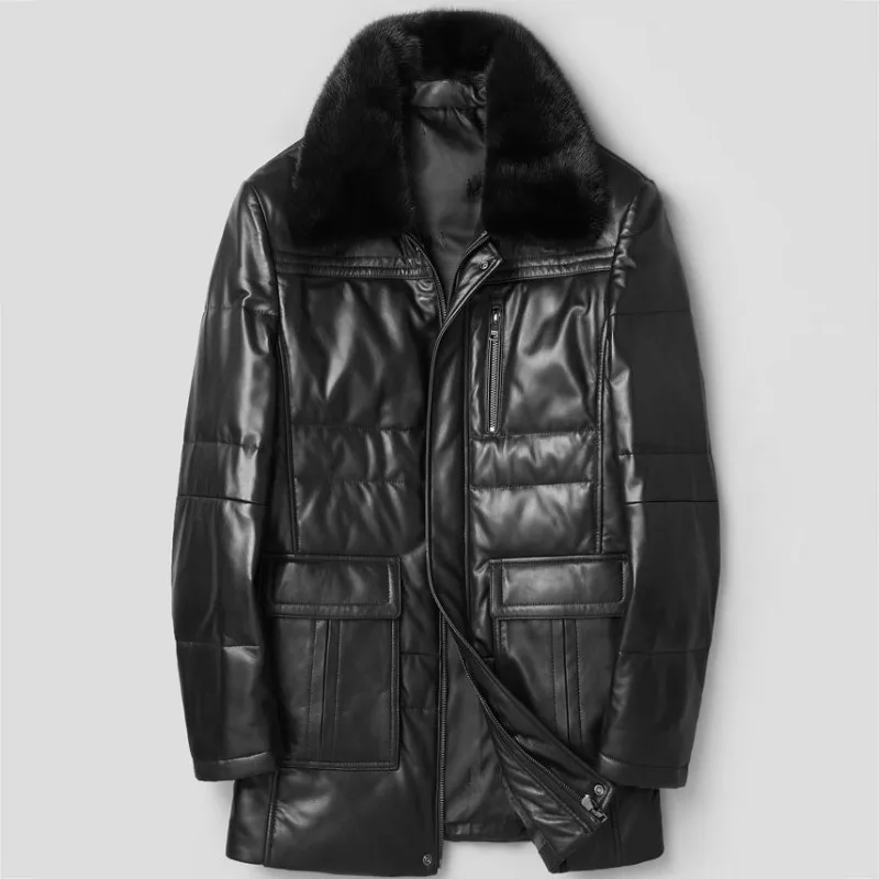 

Winter Mens Real Mink Fur Collar Down Jacket Business Work Warm Sheepskin Genuine Leather Jacket Coats Plus Size 5XL Overcoat