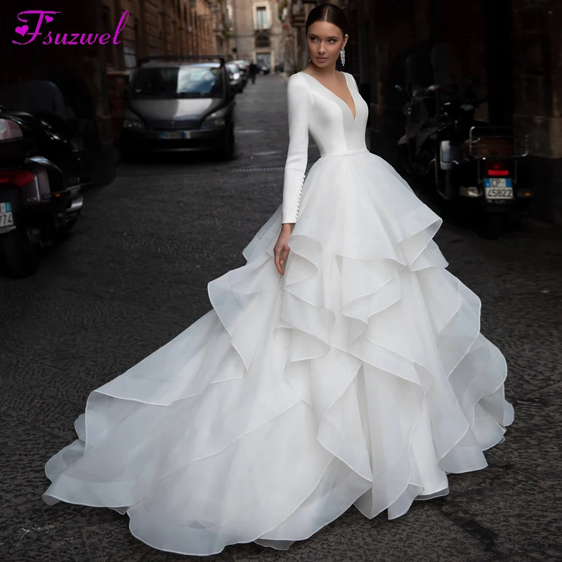 

Fsuzwel Elegant Scoop Neck Long Sleeve A-Line Wedding Dresses 2020 Fashion Ruffles Organza Princess Bridal Gown Vestido De Noiva