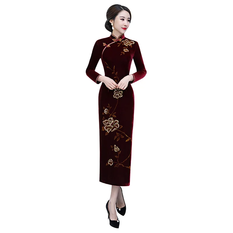 Платье с длинными рукавами для мамы винтажное китайское платье cheongsam из бархата