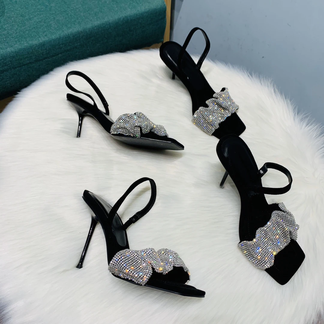 

2021 POWEE New Crystal High Thin Heel Sandals Luxury Design Sexy Quality Genuine Leather