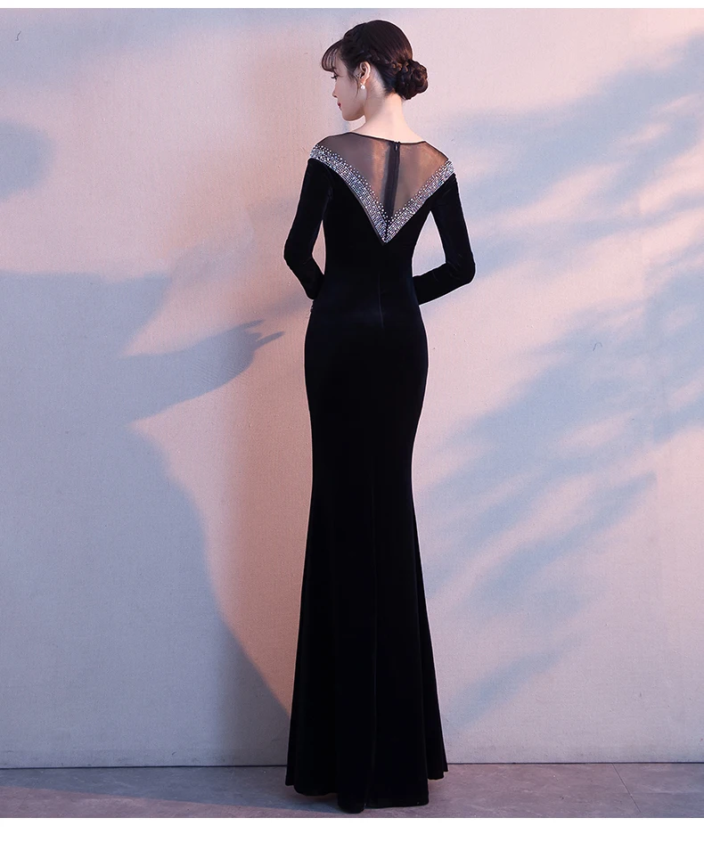 

O-Neck Long Sleeve Evening Cheongsam Black Women Slim Noble Rhinestone Mermaid Dress Sexy Full Length Gowns chinese wedding