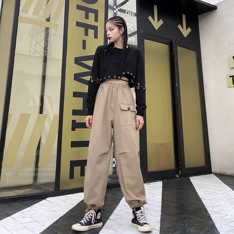 

GOOHOJIO 2020 New Autumn Solide Color Women Pants Vintage Solid Color Cargo Pants Women High Waist Ankle Length Trousers Women