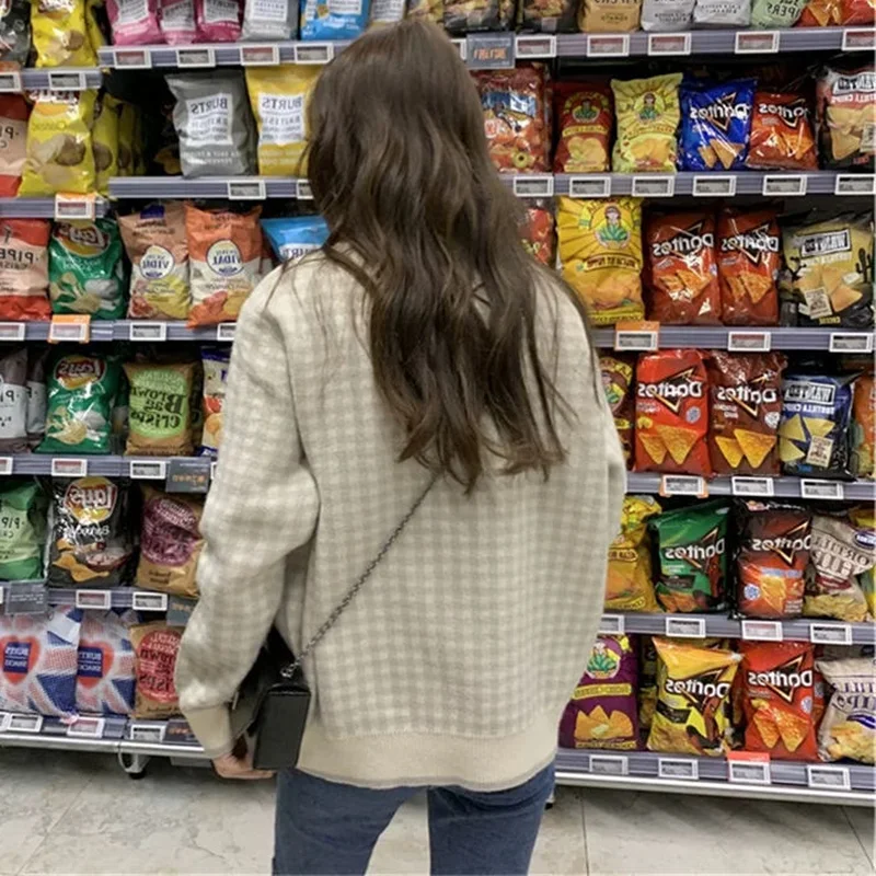 Пуловеры женские клетчатые вязаные свободные в стиле преппи с круглым вырезом