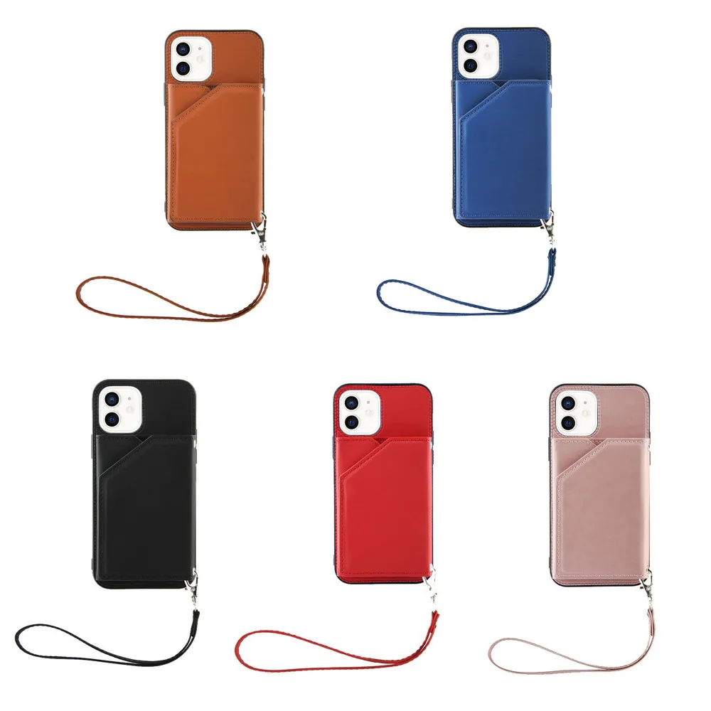 

Leather Back Case for iPhone 12 Mini SE 2020 11 Pro Max XR XS X 7 8 Plus TPU Shockproof Phone Cover Whit Card Package Lanyard