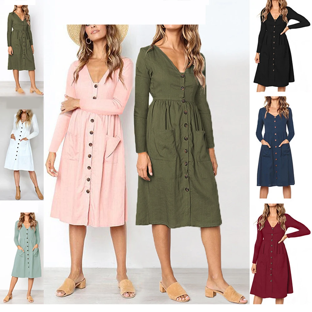 2020 NEW Arrival Autumn/Winter Fashion V-Neck Button Pocket Long-Sleeved Dress Women Casual Wild Dresses | Женская одежда