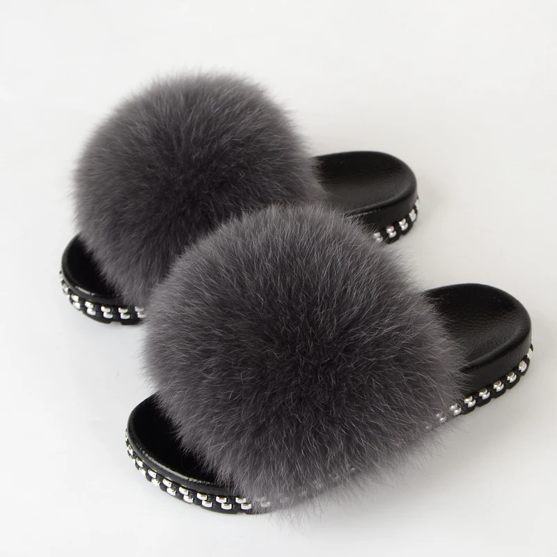 

Fur Slippers Women House Fluffy Slippers Home Female Furry Slides Indoor Summer Real Fur Flip Flops Ladies Luxury Sandals Shoes