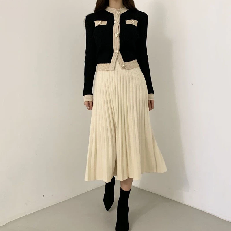 2021 Spring Autumn Knitted 2 Piece Set Chic Office Ladies Single Breasted Pearl Buttons Cardigan Sweater+Pleated Long Skirt Suit |