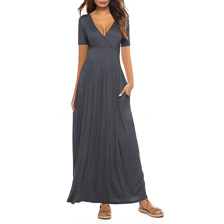 

2021 summer new women's printed V-neck breast wrapped short sleeve pocket dress long skirt