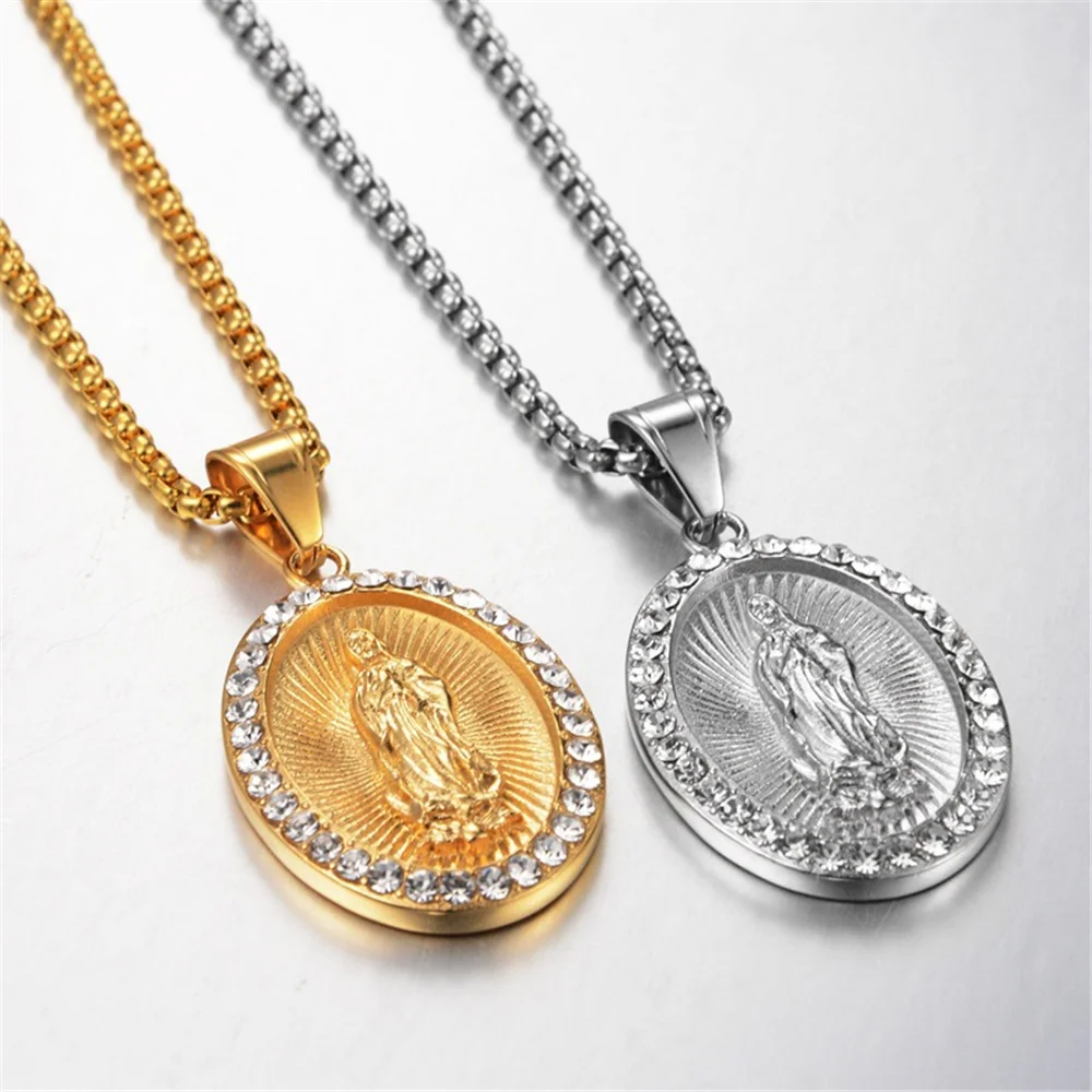

Hip Hop Iced Out Bling Virgin Mary Necklaces Pendants Gold Color Stainless Steel Madonna Necklace For Women Jewelry Gift X3018