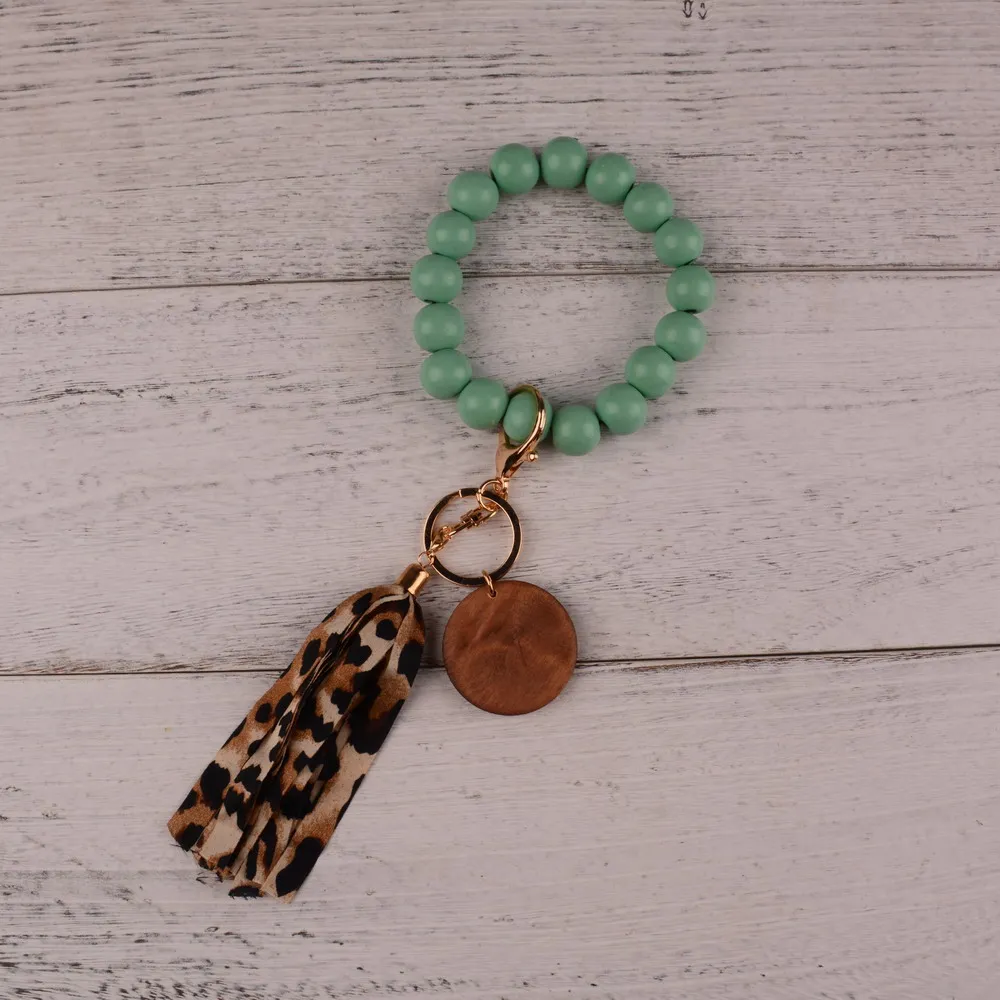 

Rainbery Tassel Keychain Wood Beads Monogram Disc Wrist Strap Bracelet Keychain For Keys Leopard Keyring For Women Accessories
