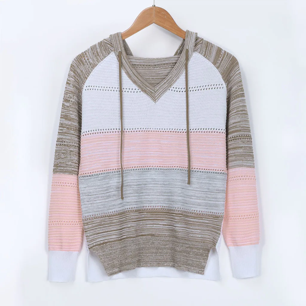 

Women Sweaters New Fashion Autumn Loose Comfortable Casual Patchwork V-Neck Long Sleeves Hooded Sweater Tops