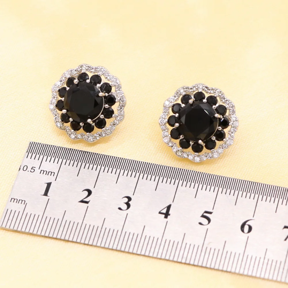 XUTAAYI New Round Black Stones Silver Jewelry Sets For Women Stud Earrings Bracelet Rings Necklace Pendant Free Gift Box | Украшения и
