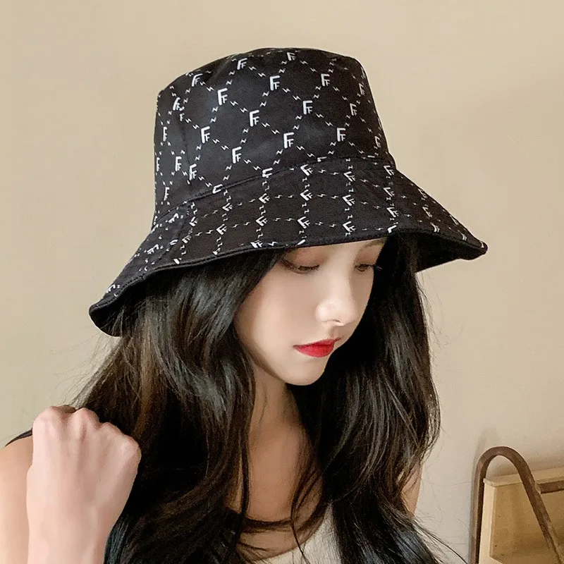 Women's Bucket Hat Double-sided Fisherman Hat Spring Summer 2021 New Embroidery Letter F Flat-top Basin Hat Wild Casual Sun