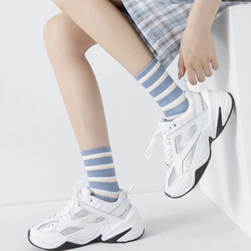 

Women Autumn Cotton Long Crew Socks Vintage Striped Plaid Stockings Warm Hosiery