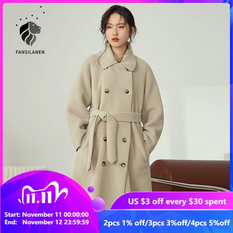 

FANSILANEN Too Faced Fleece Long Faux Fur Coat Women Autumn Winter Lamb Fur Teddy Jacket Female Belt Sleep Plush Oversized Coat