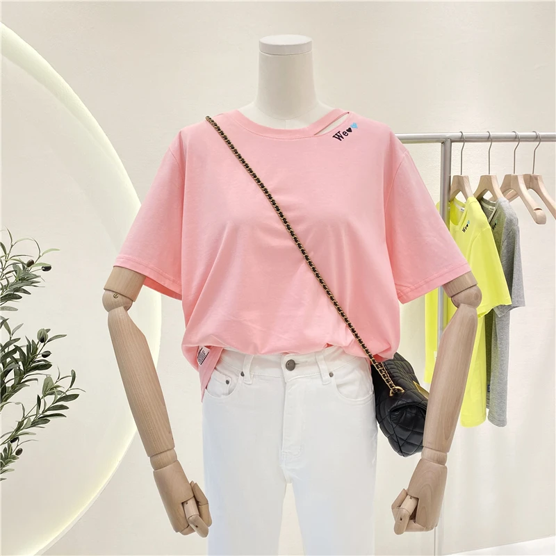 

2021 Summer Ladies Simple Fashion Embroidery Love Letters Top Solid O-neck Short Sleeves T-shirt Women's Simple Pullover Tee
