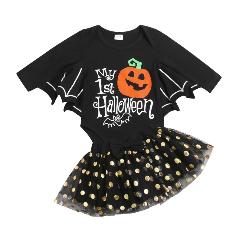 

Baby Girls Two-piece Clothes Set, Halloween Black Batwing Sleeve Romper and Yarn Skirt