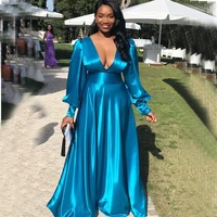 2022 prom dresses v neck long sleeve floor length a line smooth elastic satin women evening party gowns simple formal dress