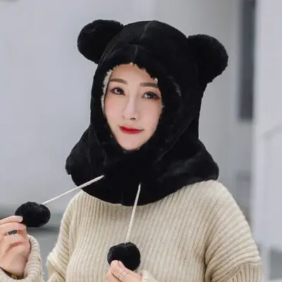 PLOERMIN новые милые Мультяшные уши Skullies Beanies кроличий мех вязаные шапки зимние толстые теплые мягкие Твердые крышки Зимние женские шапки - Цвет: Black