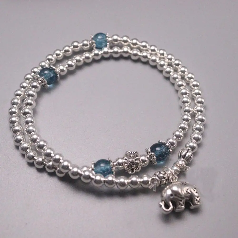 

Real Silver 925 Bracelet Chain For Women Girl Silver Small Beads 4mm Blue Crystal Beads Lucky Elephant Bracelet Gift
