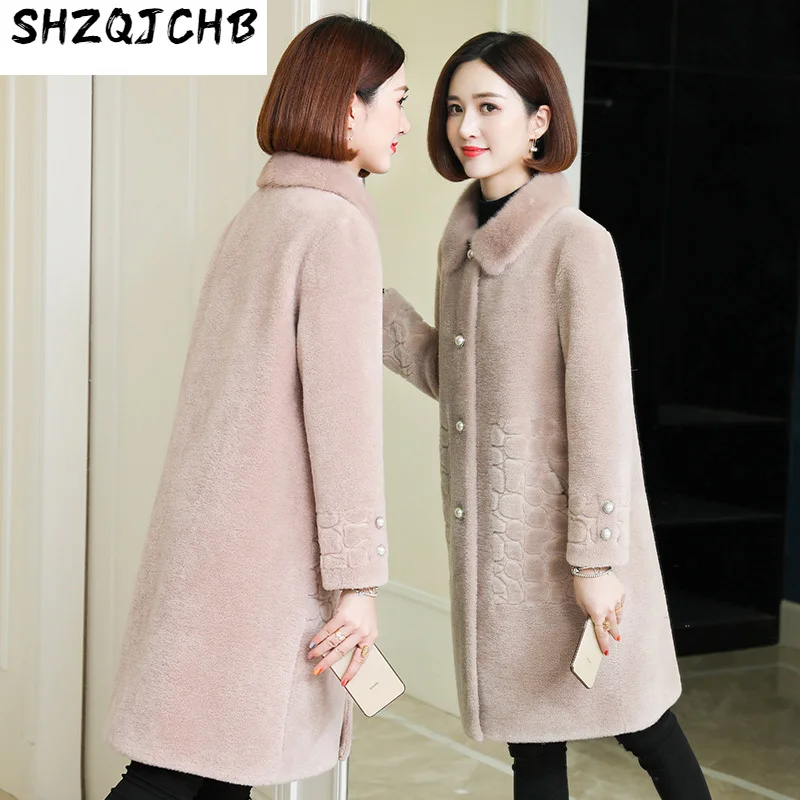 

SHZQ, гранулированное пальто для стрижки овец, женское среднее и длинное Новое цельнокроеное меховое пальто из меха норки