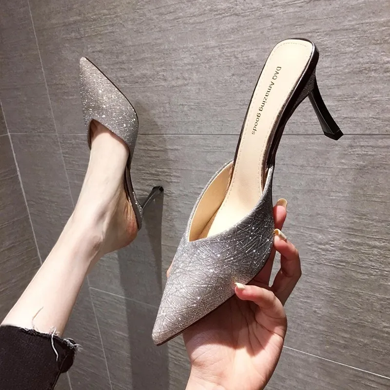 

New net red half slippers Baotou sandal high heel slippers for women