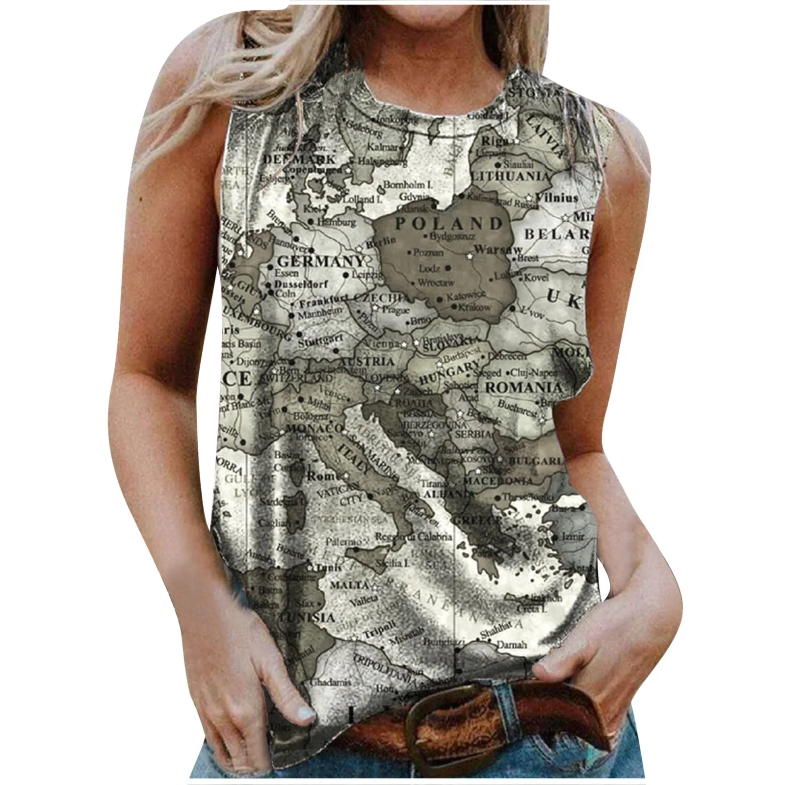 

2021 Summer Women's Plus Size Vest Top Casual Fashion World Map O-neck Print Sleeveless Vest Vest Shirt Xl-5xl Gilet Femme