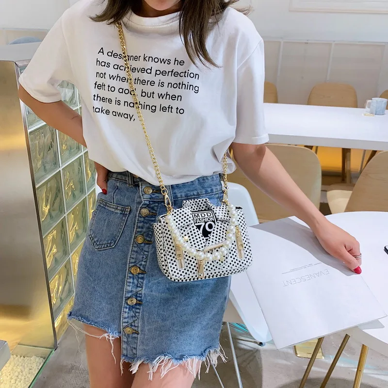 

2021 New Arrivals Women's PU Leather Shoulder Bags Clothes Model Beaded Handle Design Original Fashion Girl's Half Chian Bag