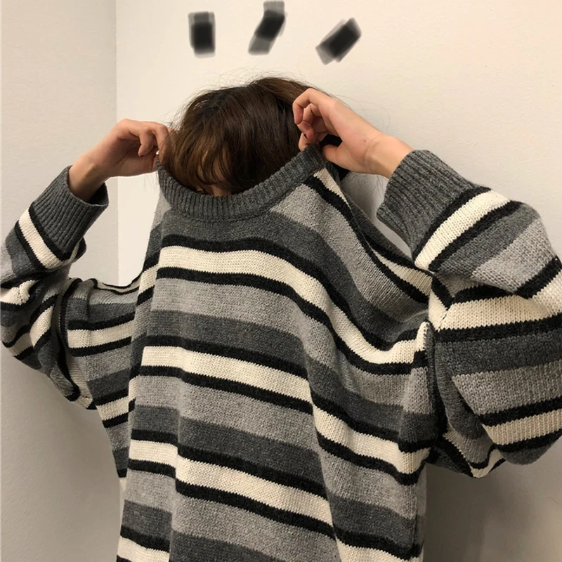 Lazy Wind Female Striped Sweater Coat Autumn Winter New Korean Version Ins Super Fire Loose Bf Contrast Color | Женская одежда
