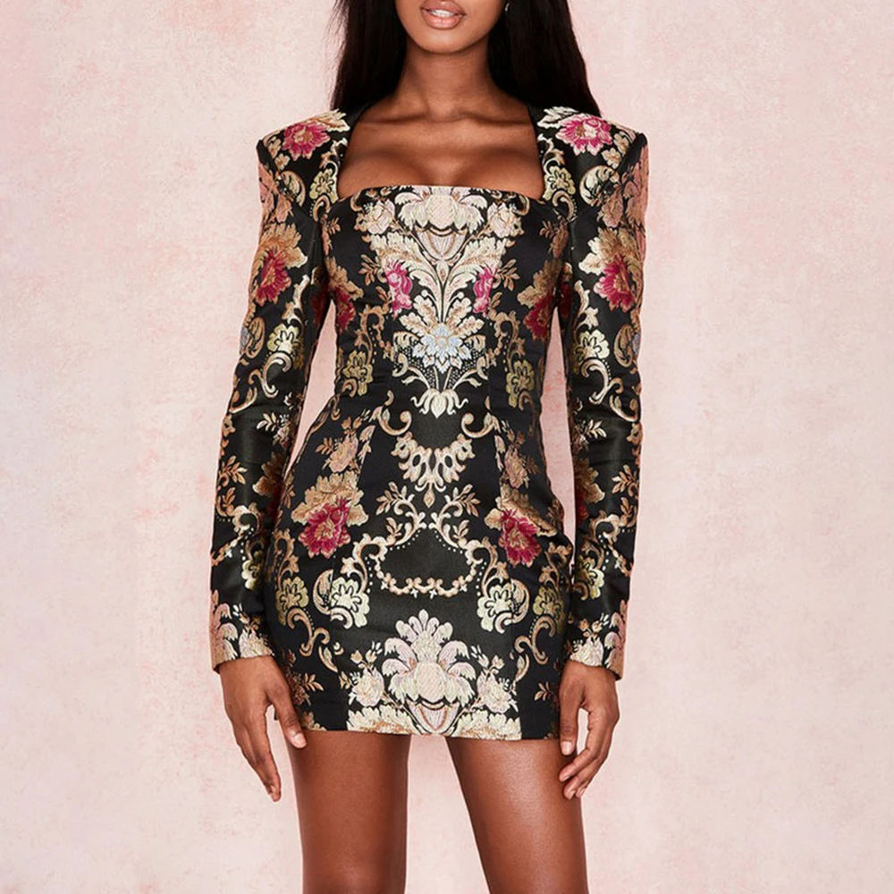 Черные мини платья с цветочной вышивкой и длинным рукавом вечерние квадратным