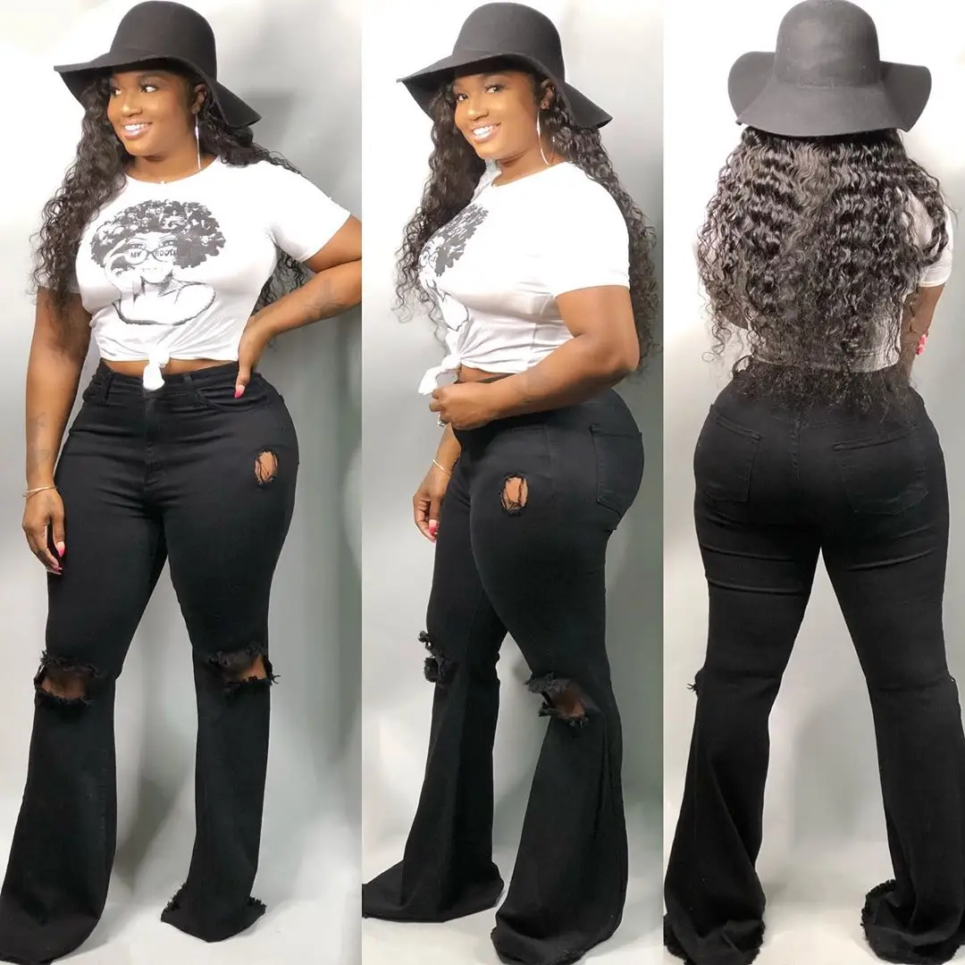 Wjustforu модные рваные расклешенные брюки для женщин повседневные Черные