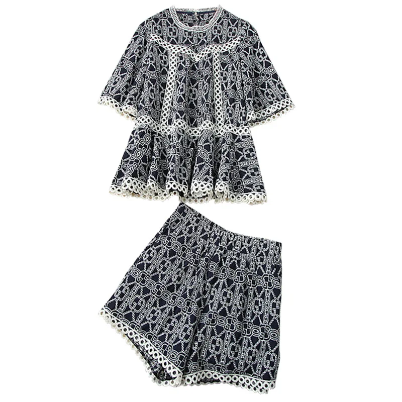 

High Quality Designer Clothing Sets 2020 Spring Summer Short Suit Women Peter Pan Embroidery Tops+Vintage Shorts Set 2 Pcs