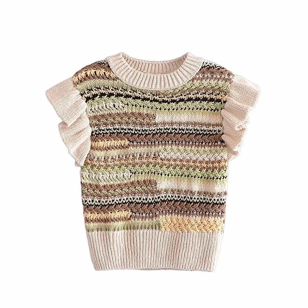 

KRSB 2021 Spring Autumn Women's Brown Irregular Stripe Stitching Lotus Leaf Sleeve Short Vest Round Neck Top Retro British Style