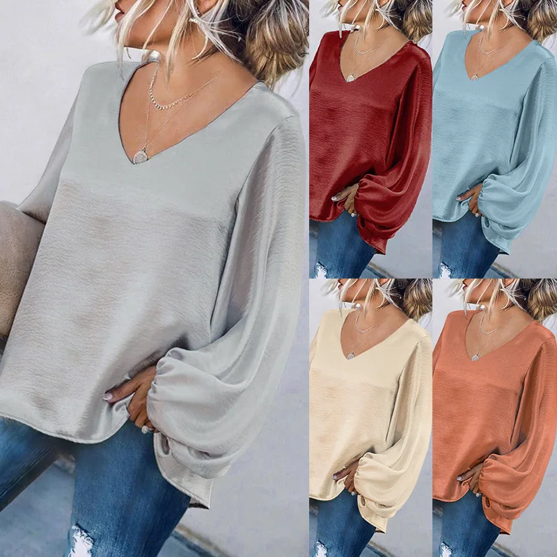 

2021 New Spring Solid Full Loose V Neck Tshirt Women Tops