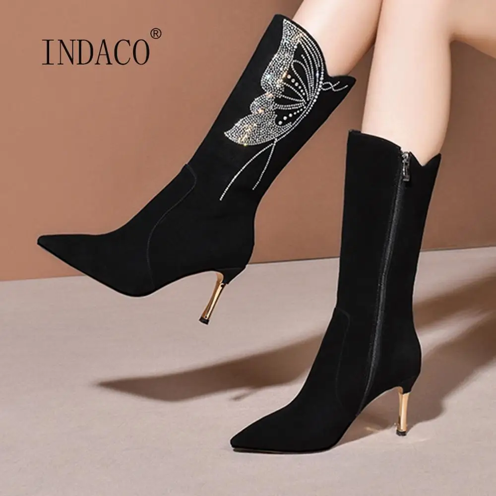 

2021 Fashion Women Winter Boots Black Suede Rhinestone Butterfly High Heel Boots Pointed Toe Side ZIP Mid Tube Boots