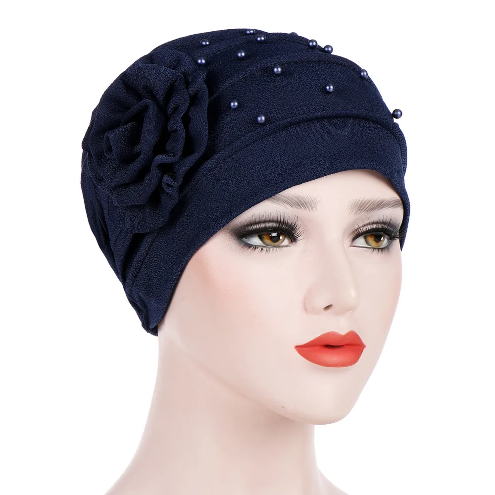 

New side flower Pearl solid color flower headscarf cap moon cap Muslim cap