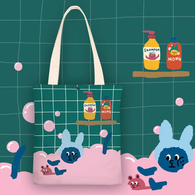 

Cartoon Bubble Bath Women Canvas Bag Female Velvet Cloth Shoulder Bags Eco Handbag Reusable Grocery Shopper Students Book Pack